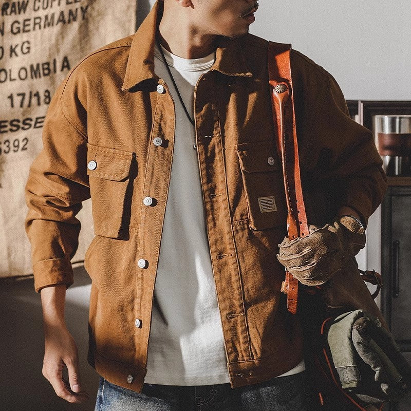 Denim Jackets Men Single Breasted Coat Cardigan Jacket Turn Down Collar Outerwear Long Sleeve Pockets Button Loose Casual