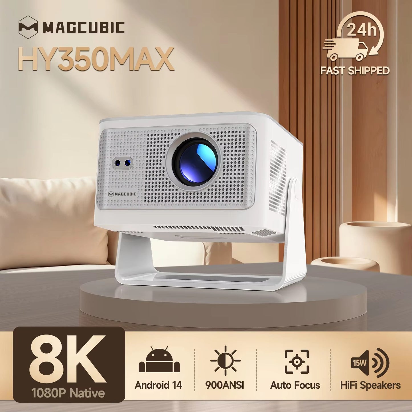 Projetor Magcubic Android 14 900 ANSI Foco Automático Nativo 1080P Suporte 8K Com Wifi6 BT5.4 Portátil para Filmes ao Ar Livre HY350Max