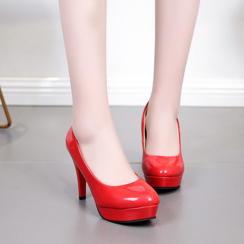 Scarpins bege impermeáveis plataforma salto alto feminino primavera e outono couro envernizado bico redondo sexy salto agulha sapatos de casamento 10cm Tamanho 42