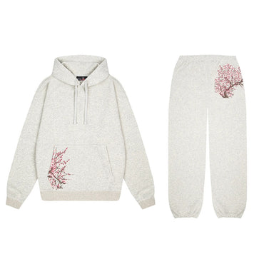 American Retro Sakura Hoodie Sweatpants Two Piece Set Y2K Mens and Womens Sportswear Fashion Casual Pullover Casual Pants Set