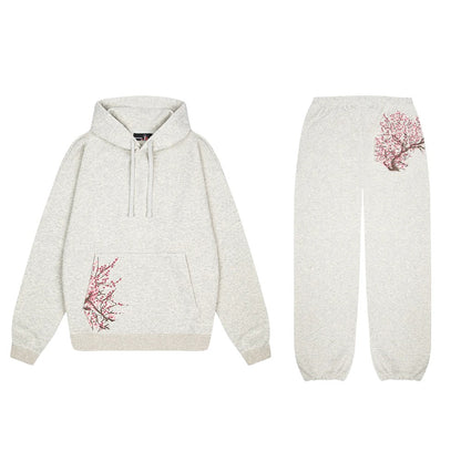 American Retro Sakura Hoodie Sweatpants Two Piece Set Y2K Mens and Womens Sportswear Fashion Casual Pullover Casual Pants Set