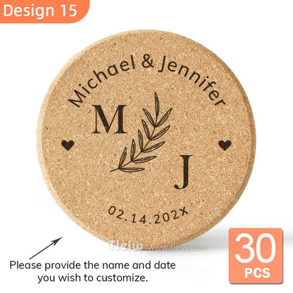 30pcs Personalized Cork Coasters-Tieiw Design-Wedding Favor for Guests Party Bridal Shower Corporate Engraved Coaster Gifts Bulk