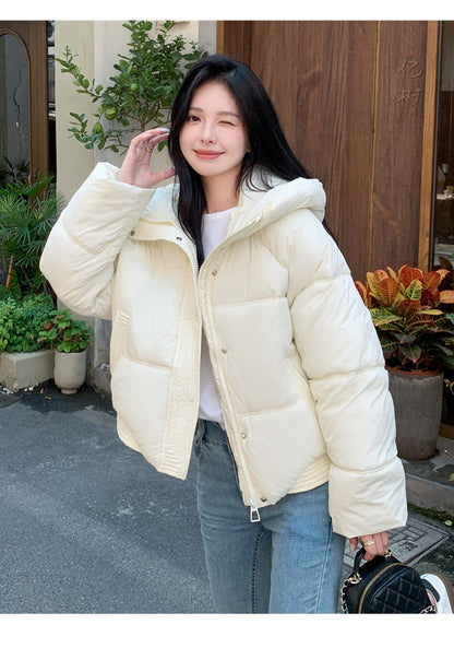Korean Winter Women Black Beige Hood Zipper Down Jacket Ladies Blue Single Breasted Short Warm Thick Bread Coat Streetwear Trend
