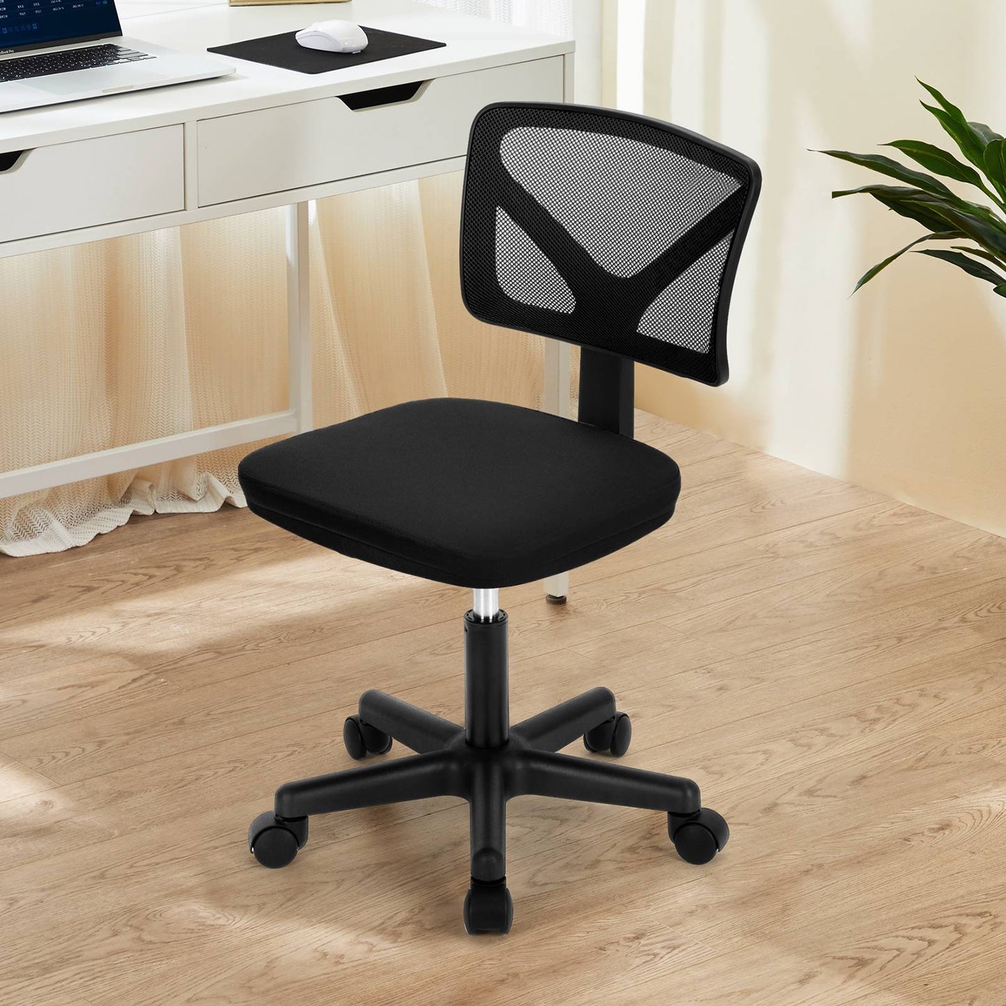 Cadeira de Escritório JHK Mesh com Suporte Lombar, Sem Braços, Encosto Baixo com Rodas, Altura Ajustável, Rotação Giratória 360°, Cadeira de Computador