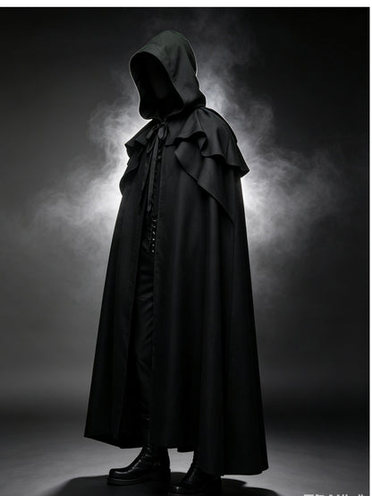 Medieval Vintage Hooded Long Cos Cloak, Dark Green Double Lapel Tie Cape, Unisex Ranger Hunter Wizard Role Play Costume, Retro Gothic Cosplay Coat for Halloween Stage Performance