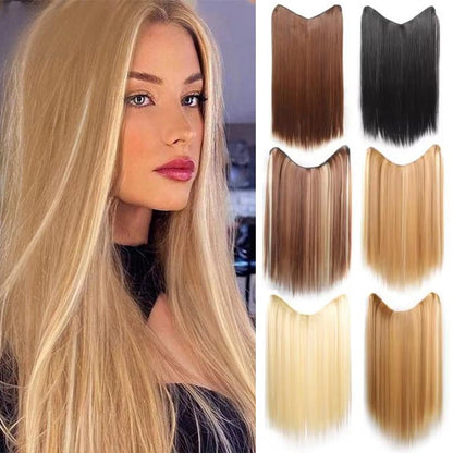 Peruca sintética longa reta em V com meia cabeça adequada para mulheres com cabelo preto e castanho, com presilha, preta, castanha, natural