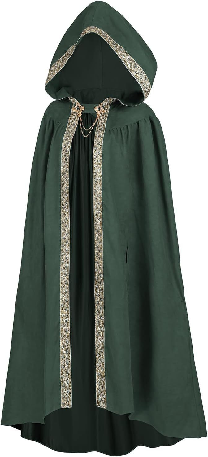 Elegant Medieval Hooded Floor Length CloakTrim Cape Chain Brooch for Adult Wedding Photoshoot Halloween Gothic Cosplay Costume