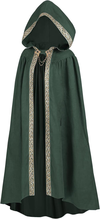 Elegant Medieval Hooded Floor Length CloakTrim Cape Chain Brooch for Adult Wedding Photoshoot Halloween Gothic Cosplay Costume