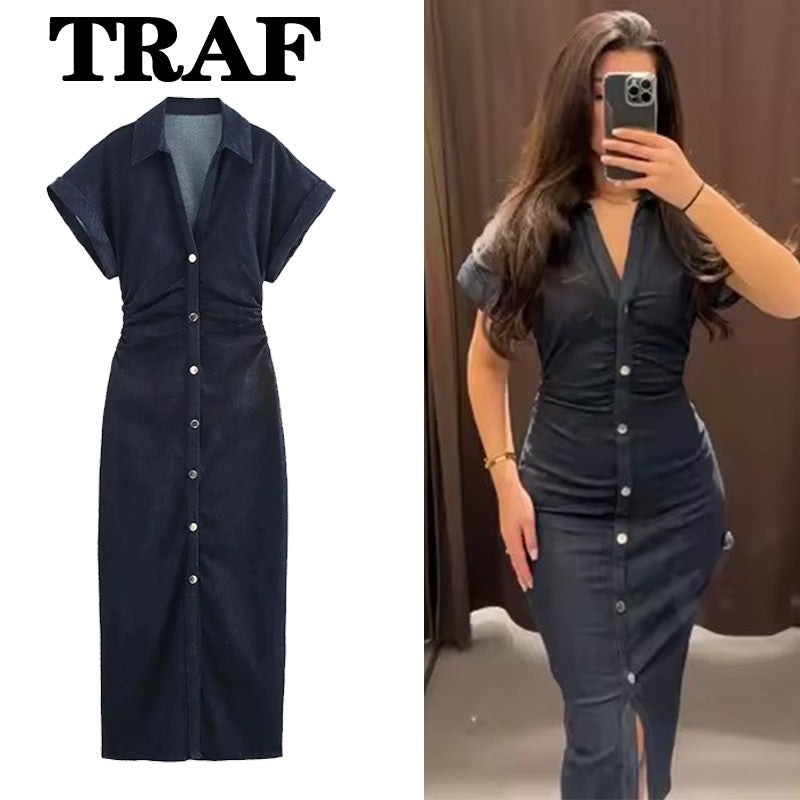 TRAF Denim Dress Women's Spring Summer Casual Long Dresses For Women 2025 New Fa
