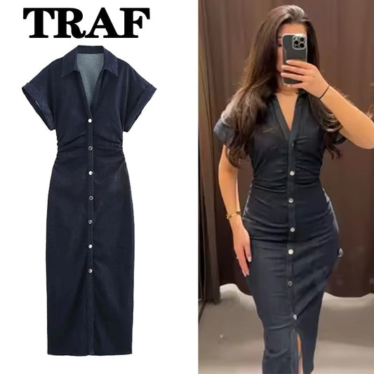 TRAF Denim Dress Women's Spring Summer Casual Long Dresses For Women 2025 New Fa