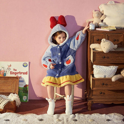 Disney Snow White Kids Hooded Robe Winter Princess Child Thick Keep Warm Long Nightgown Front Button Coral Fleece Soft Bathrobe