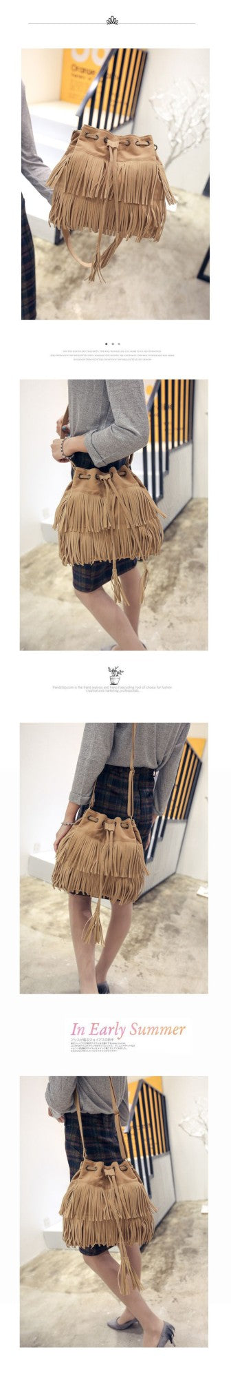 Fashion Retro Faux Suede Fringe Women Messenger Bags Tote New Handbag Tassel Shoulder Handbags Crossbody Bag Tassel Bucket