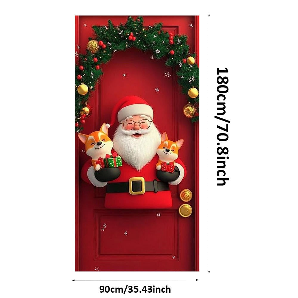 Santa Claus Christmas Tree Door Cover -185x90cm Festive Holiday Decoration Versatile Hanging for Entrance and Room