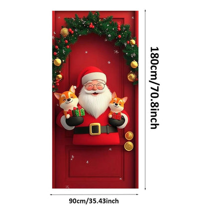 Santa Claus Christmas Tree Door Cover -185x90cm Festive Holiday Decoration Versatile Hanging for Entrance and Room