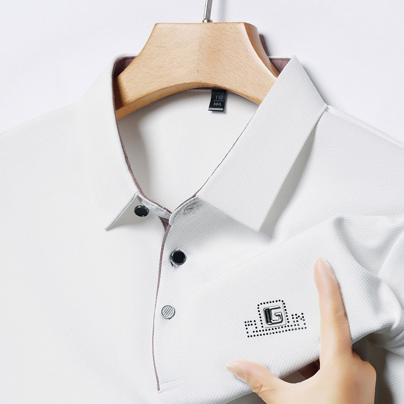 New Men's Business Casual Short Sleeved Shirt with Badge Solid Color Polo Shirt Fashionable Breathable Comfortable Versatile Top
