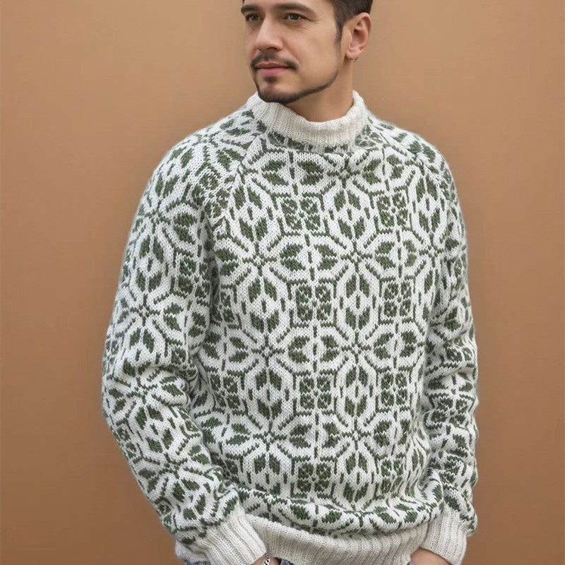 New Style Simple Retro Fresh Jacquard Sweater Loose Street Pullover Contrast Color Long Sleeve Knitted