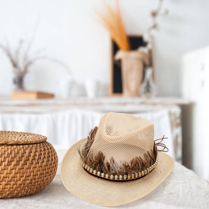 Vintage Style Women Men Feather Hat Elegant Mesh Wide Brim Sun Hat for Casual Party and Outdoor Events