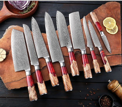 XITUO Conjunto de Facas de Cozinha de Aço Damasco de 1 a 9 Peças Inclui Faca do Chefe, Faca de Pão, Cutelo, Faca Santoku, Faca Nakiri para Desossar