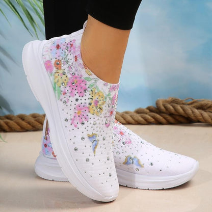 Floral Crystal Decor Slip On Sneakers Women Plus Size 35-43 Breathable Mesh Sports Shoes Woman Comfortable Soft Sole Flats Shoes