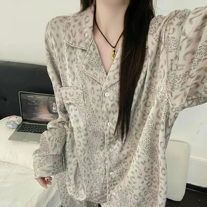 High-end leopard print pajamas for women spring autumn trend new simple girly style home suit personalized dress pajama party