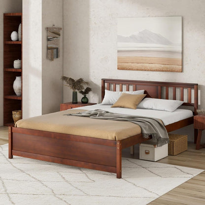 Estrutura de Cama Queen Size de Madeira Maciça, Estrutura de Cama Queen de Meio Século com Cabeceira, Suporte de Estrado de Madeira, Cama de Painel, Sem B
