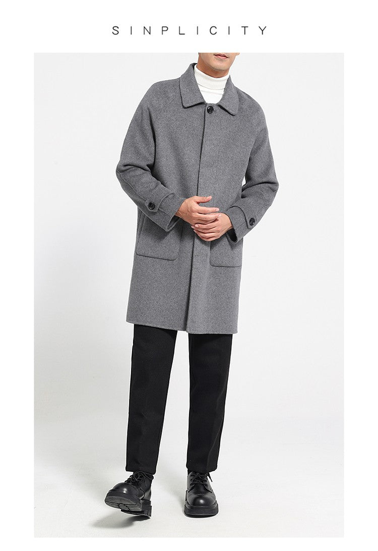 Mid-Length Single-Breasted Polo Collar Men's Overcoat Double-Sided Woolen 100% Pure Wool High-End Coat Fashion Men's Clothing