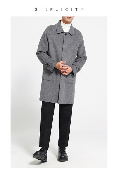 Mid-Length Single-Breasted Polo Collar Men's Overcoat Double-Sided Woolen 100% Pure Wool High-End Coat Fashion Men's Clothing