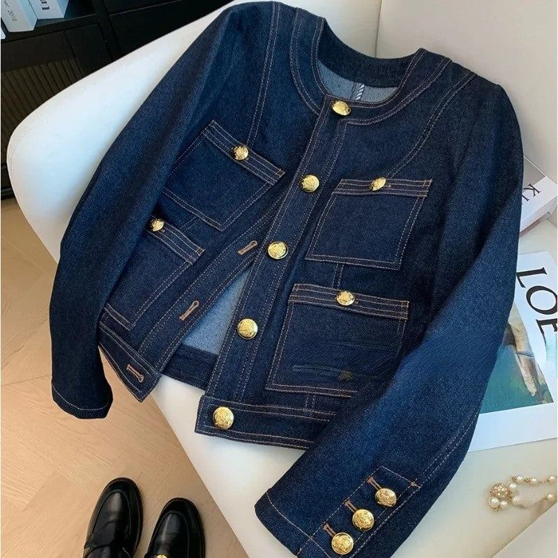 Women's Vintage Denim Jacket Spring Button-Up Korean Fashion Blue Chic Bomber Outwear Top 2025 Style Casual Ropa De Mujer