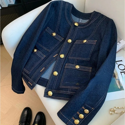 Women's Vintage Denim Jacket Spring Button-Up Korean Fashion Blue Chic Bomber Outwear Top 2025 Style Casual Ropa De Mujer