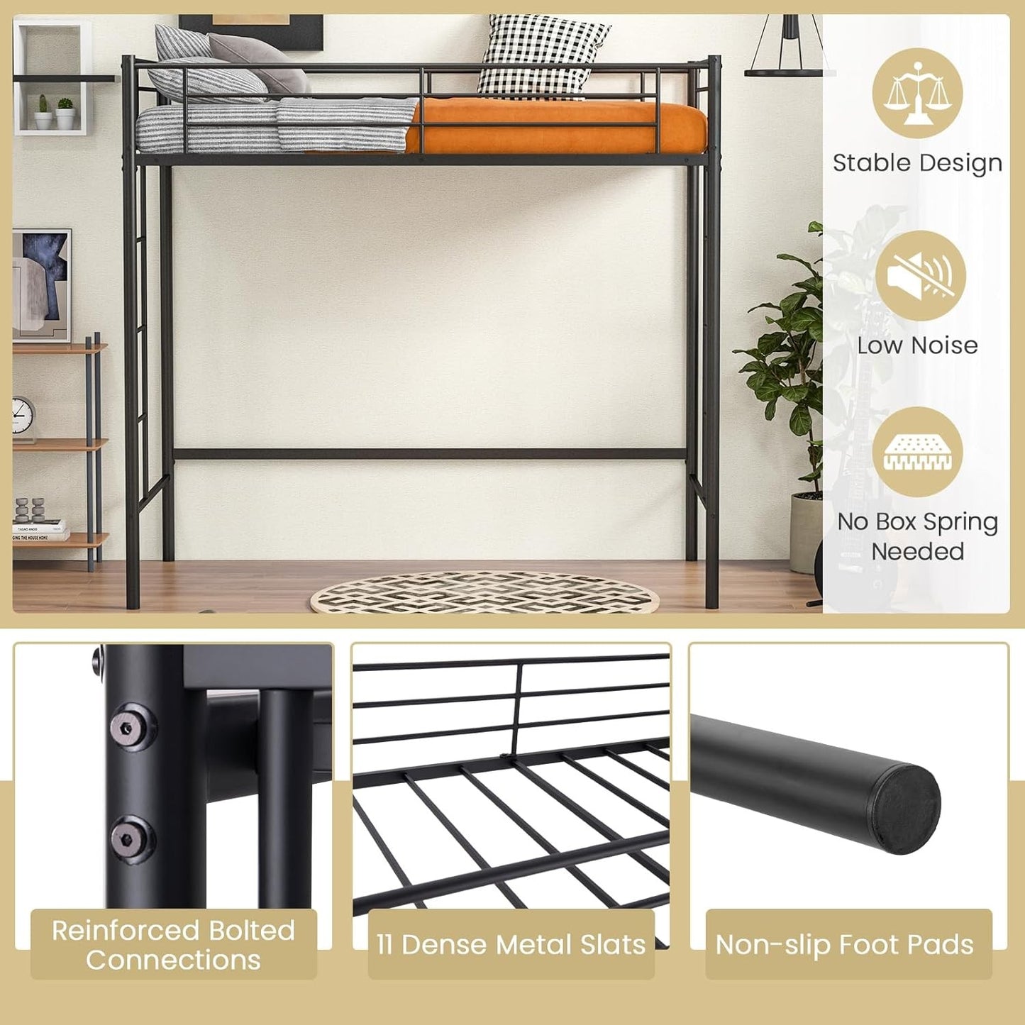 Metal Twin Size Loft Bed Frame with Dual Ladders & Safety Guardrail, No Box Spring Needed, Space-Saving for Juniors Teen