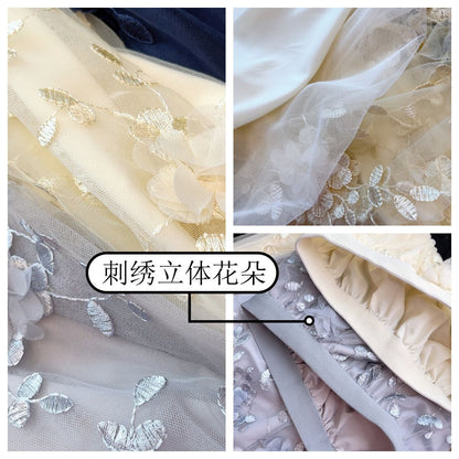 New in A-Line High Waist Embroidery 3D Flower Tulle Midi Skirt Women Spring Summer Pink Chic Elegant Mesh Party Long Skirt