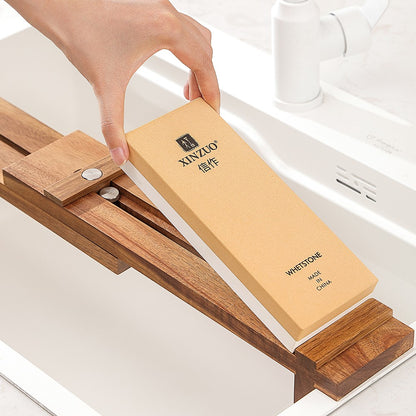 XINZUO Acacia Wood Whetstone Base Holder Adjustable Telescopic Solid Knife Sharpening Block for Kitchen Knives