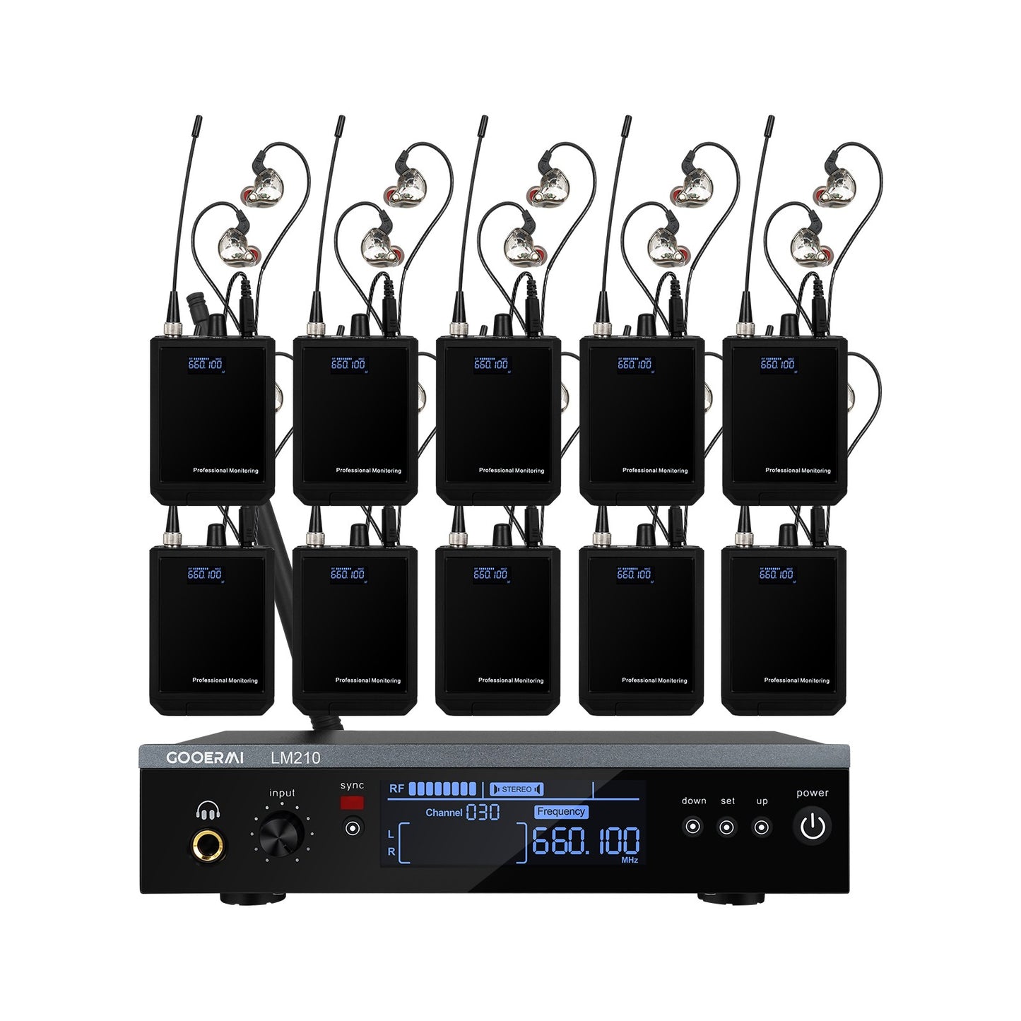 Sistema Sem Fio de Monitoramento Intra-Auricular UHF Gooermi LM210 Canal Estéreo Com Múltiplos Transmissores Para Pequenos Concertos e Home Theater