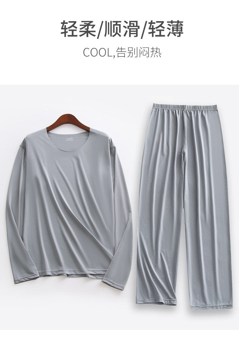 Plus Size 5XL Men Ice Silk Pajama Set Solid Long Sleeve Tops and Pants Sleepwear 2pcs Sets Soft Comfy Lounge Home Nightwear Male