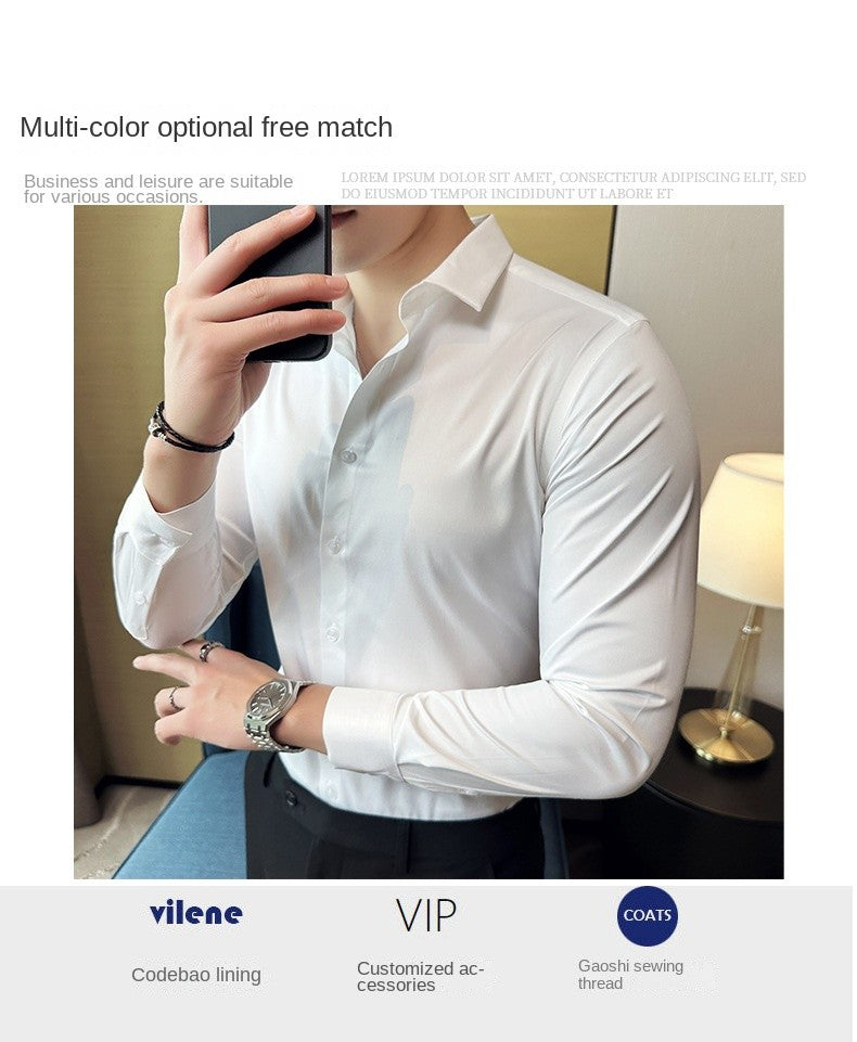 Seamless silk business casual shirt, long sleeved white non ironing elastic silk sliding cross shirt, men's formal wear
