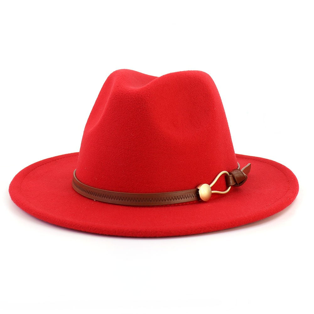 New Brown Belt Buckle Jazz Fedora Hat Autumn Winter Women Men Party Church Top Hat Wide Brim Sun Hat Felt Panama Cap