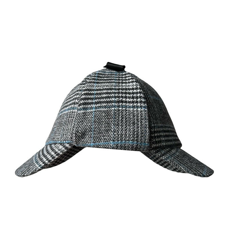 Unisex British-Style Sherlock Holmes Deerstalker Hat for Fall Winter Wool Blend Plaid Double Brim Ear-Warming, Trendy Detective