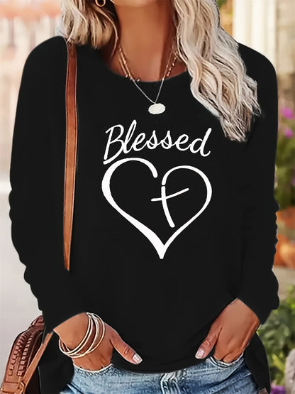Women's autumn and winter 100% pure cotton fashionable casual loose Blessed heart-shaped printed round neck long sleeved T-shirt