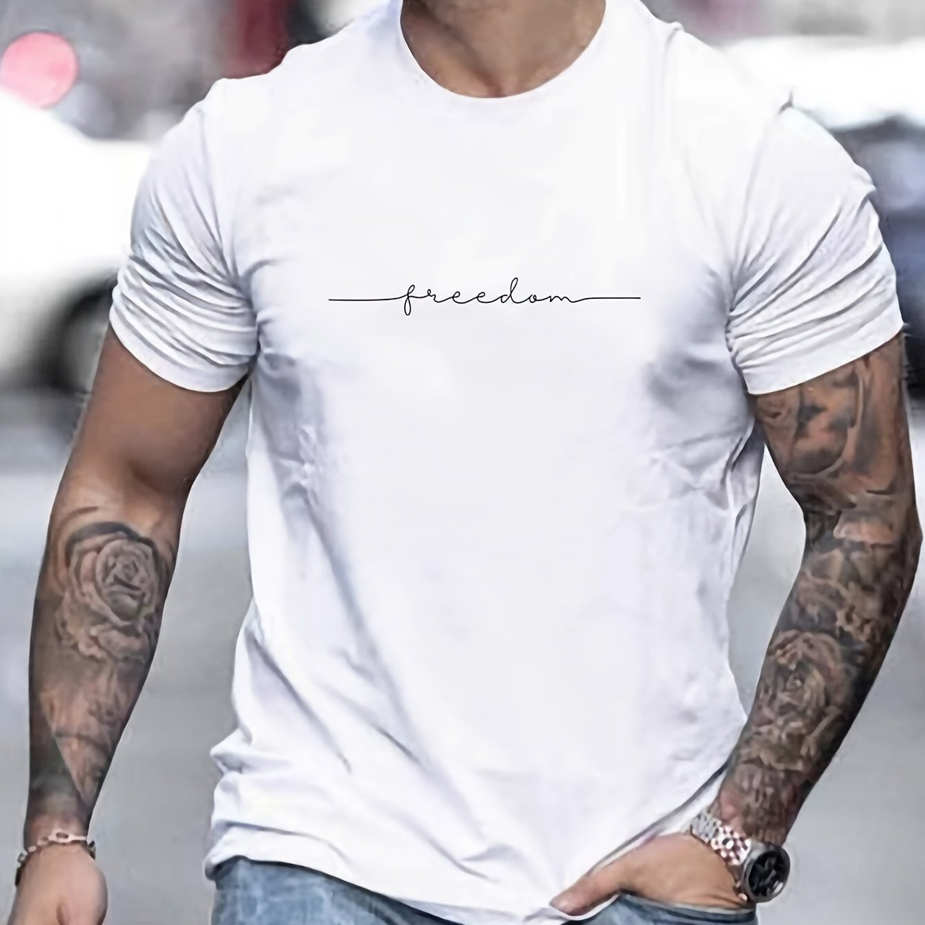 Men's Summer Loose Size 100% Cotton Freedom Graphi Print Casual Slim Fit Round Neck Short Sleeve T-shirt Top