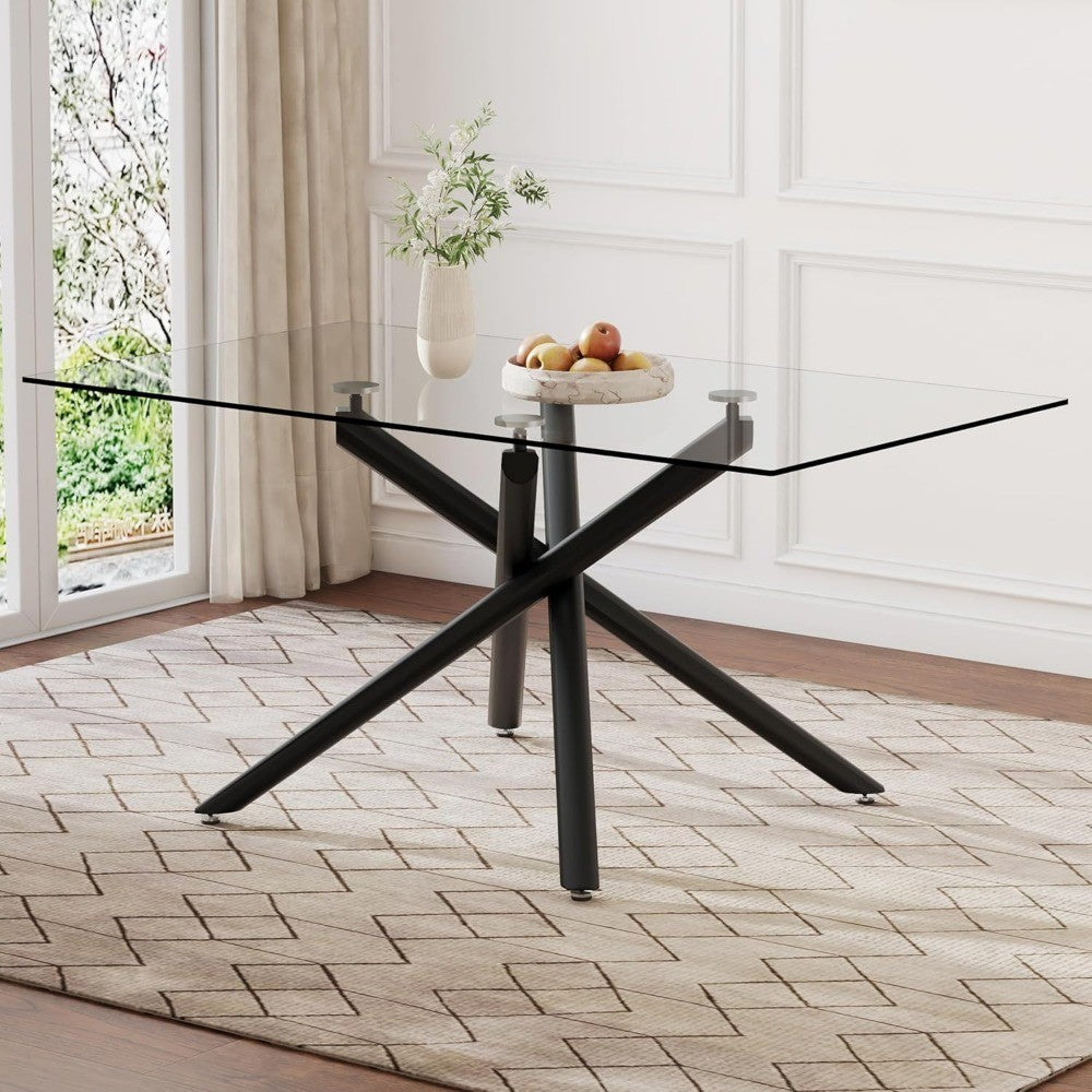 Rectangular Black Glass Dining Table, 63 Long, Seats 6-8, Tempered Glass Surface, Metal Frame, Suitable for Kitchen or Dining Ar