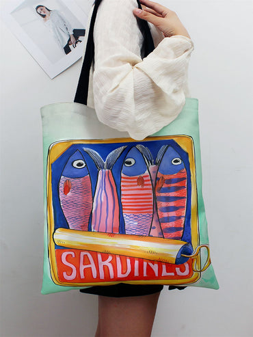 Colorful Trendy Sardines Printe Casual Handbag, Reusable Fashionable Backpack, Multifunctional Tote Bag Polyester Shopping Bag