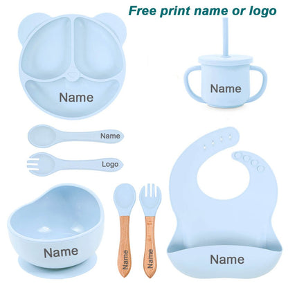 Feeding Set Silicone For Baby Sucker Bowl Dishes Plate For Kids Bear Plate Set Baby Tableware Children's Cup With Straw 8Pcs