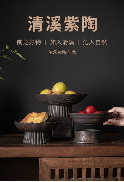 Qingxi Purple Pottery Tea Pastry Plate Handmade High Foot Dried Fruit Snack Large Integrated Drain Dessert Candy Dish Gift