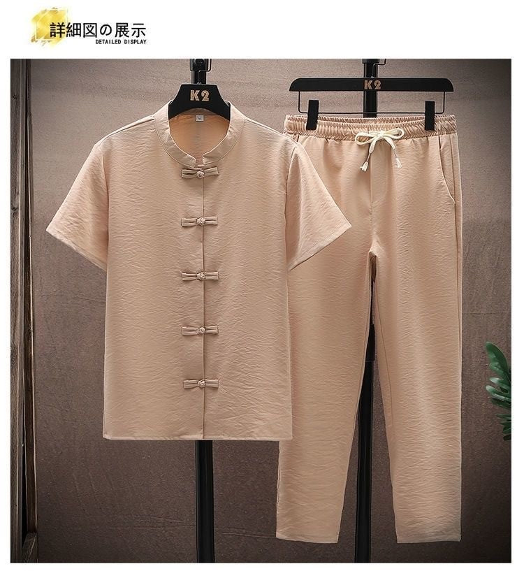Summer New Fashion Solid Color Breathable Cotton and Linen Suit Men's Leisure Loose Sports Large Size High-Grade Two-Piece Set