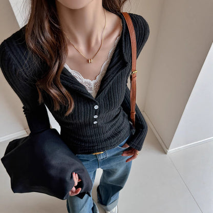 Lace Slim-fitting Bottoming Shirt Fake Two Piece Long Sleeve T-Shirt Women Chic Button Pit Striped Tops Autumn Winter Base Tees