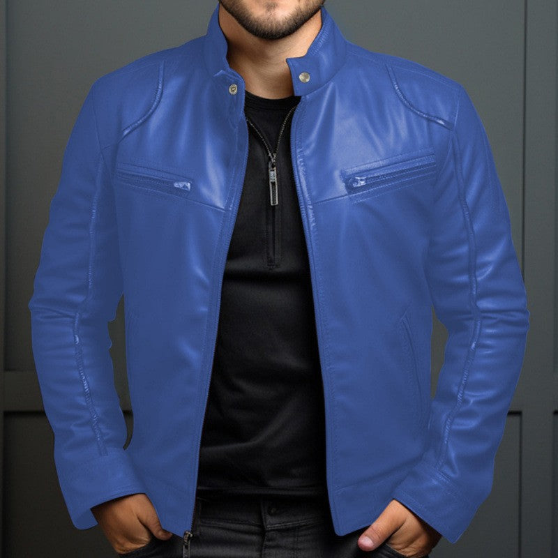 New Men's Business Leather Jacket for Autumn and Winter, Fashionable Stand Up Collar Casual Leather Jacket for Men