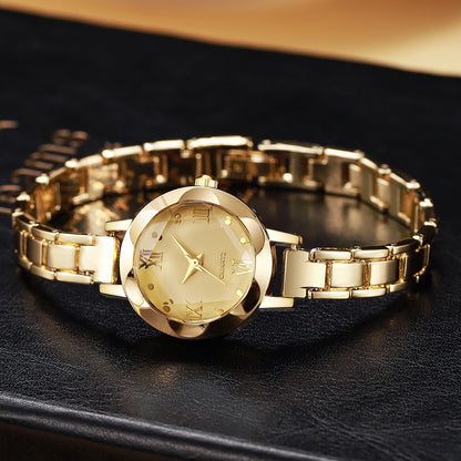 Women's Roman Numeral Gold Quartz Watch 4-Piece Set, Fashionable Quartz Watch Set with Diamond-Studded Bracelet