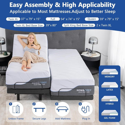 Twin XL Adjustable Bed Base with Mattress, 12 Inch White Gel Memory Foam Medium-Firm Mattress in Box, Adjustable Bed Frame