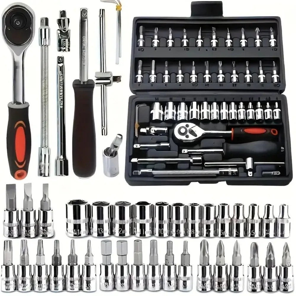 Caixa de Ferramentas com Catraca Combinada de 46 Peças para Reparos Automotivos, Kit de Ferramentas de Manutenção Automotiva para Veículos com Soquetes