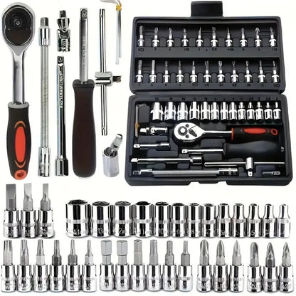 Caixa de Ferramentas com Catraca Combinada de 46 Peças para Reparos Automotivos, Kit de Ferramentas de Manutenção Automotiva para Veículos com Soquetes